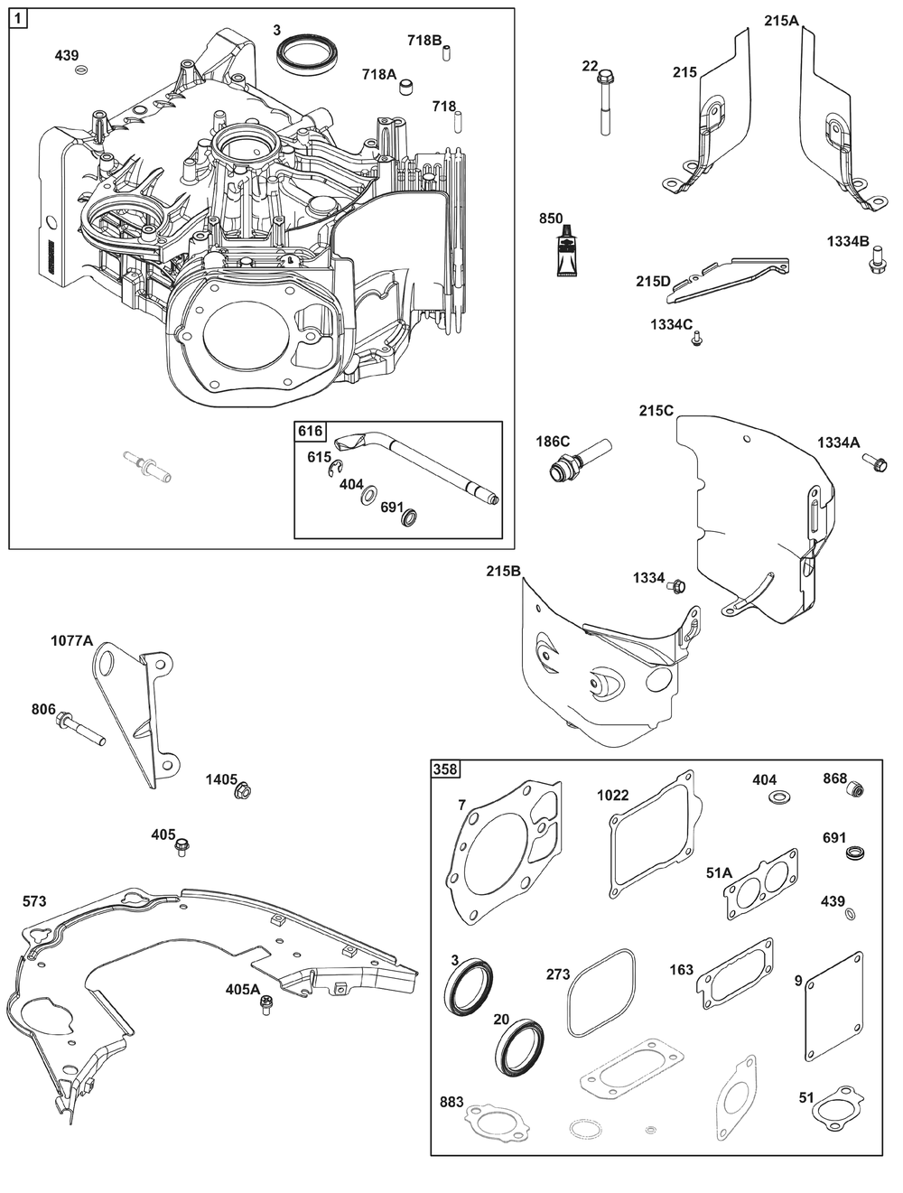 Cylinder Group Diagram and Parts List for 613777-2215-J1 400000 - 699999 Briggs and Stratton Engine